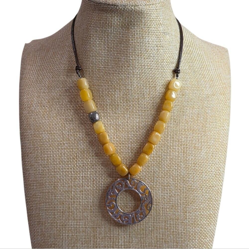 Silpada N1837 Yellow Serpentine Jade Bead Disc Sterling Silver Necklace Filigree